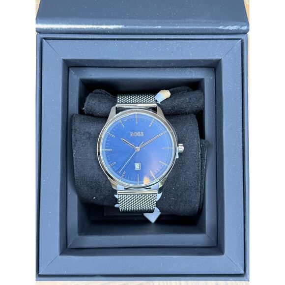 Hugo Boss Accessories - Hugo Boss Mens Watch Blue Dial Mesh Stainless Steel Bracelet Date Quartz New Box